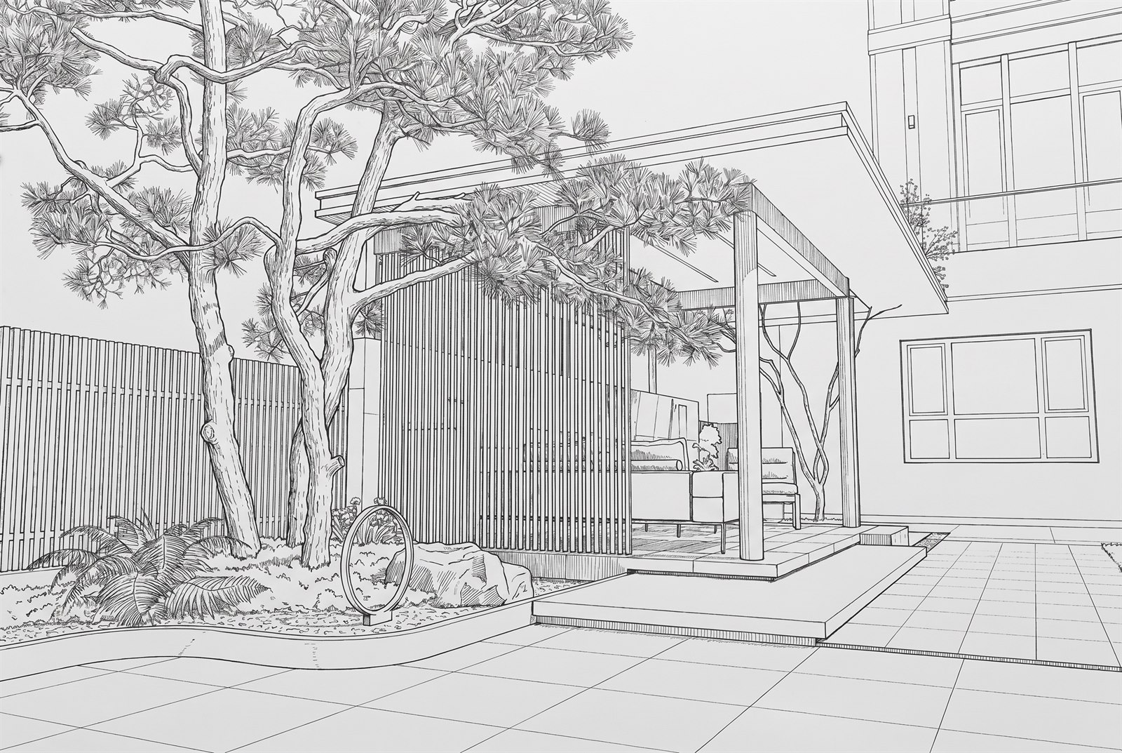 庭院与建筑一体化设计手绘线稿